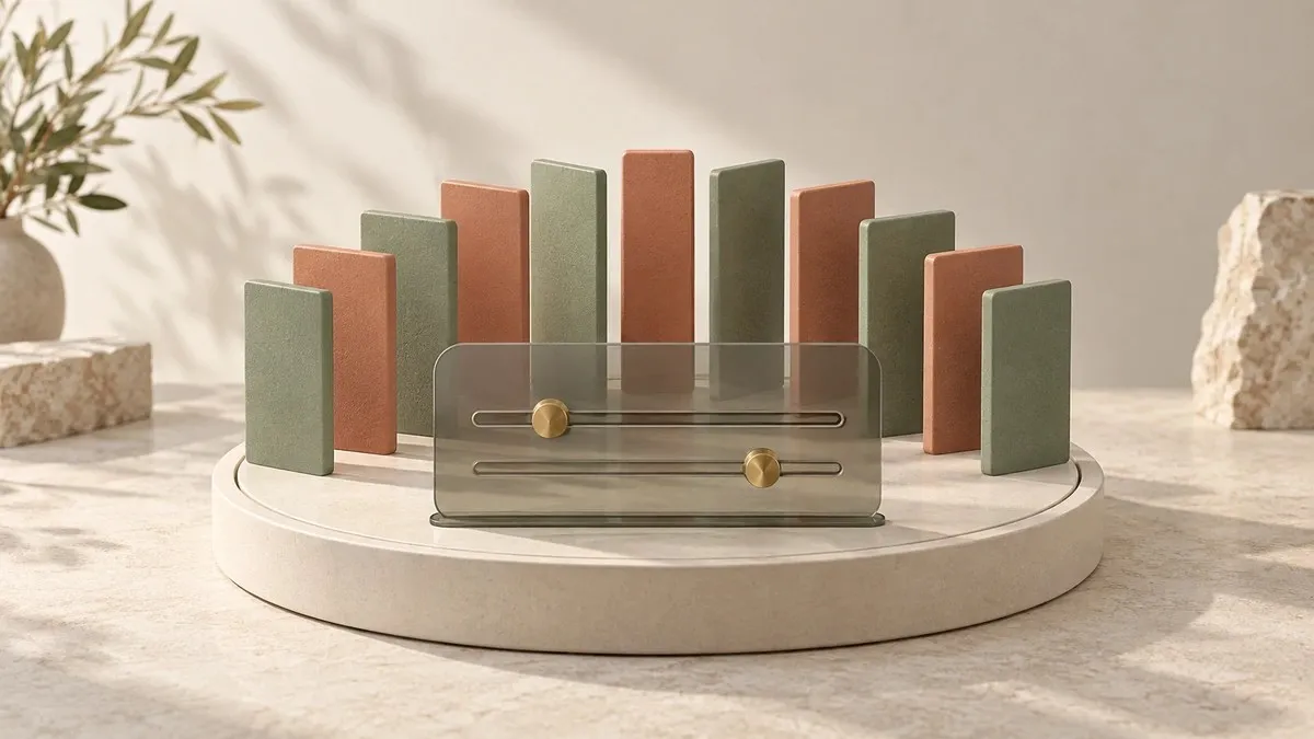 Un conjunto de piezas verdes y terracota sobre una base circular, delante de un panel de vidrio con dos canales y fichas de latón.