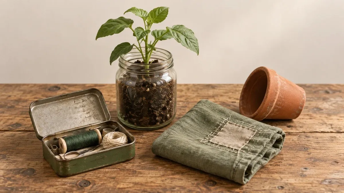 Frasco con una planta, caja de hilos, tela remendada y maceta de barro sobre una mesa de trabajo.