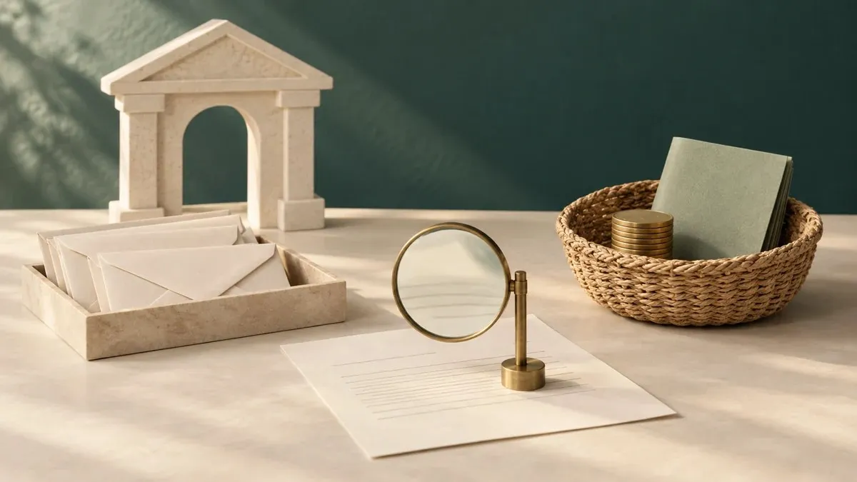 Maqueta de un arco junto a sobres, una lupa sobre un aviso y una cesta separada con monedas y un documento.
