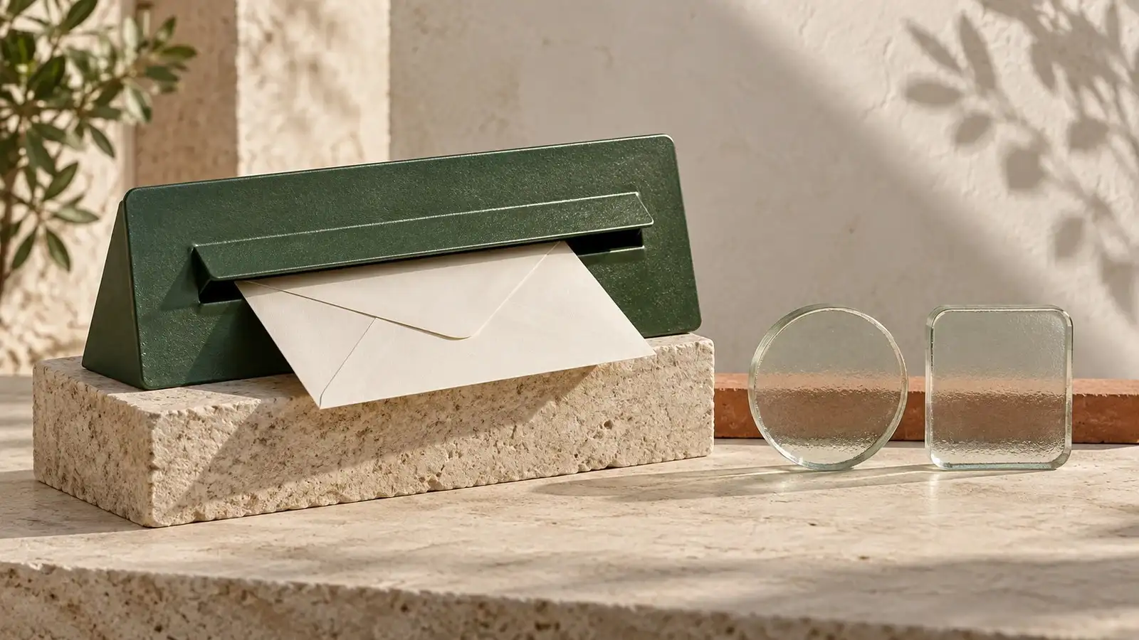 Buzón verde con un sobre y dos piezas de vidrio que representan la confirmación del correo y el celular.