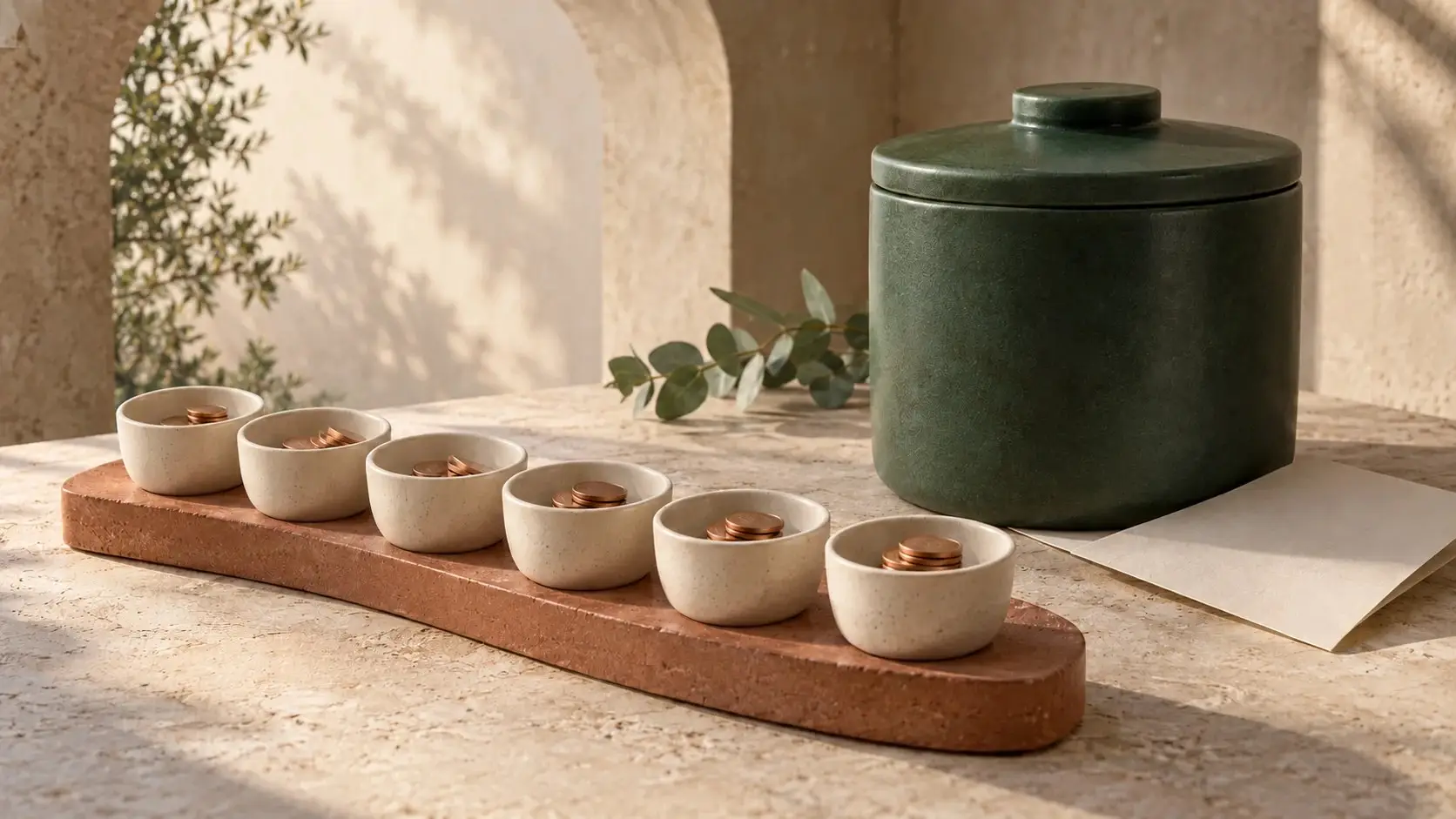 Seis pequeños recipientes claros con monedas sobre una repisa de terracota, junto a un recipiente verde cerrado y un papel sin texto.