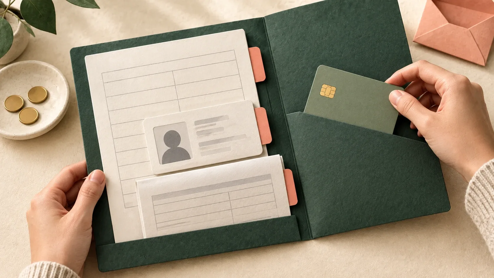 Una carpeta reúne identificación, solicitud y documentos junto a una tarjeta.