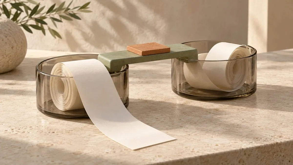 Dos recipientes de vidrio ahumado contienen rollos de papel marfil, unidos por un puente verde con una pieza terracota sobre una mesa de piedra.