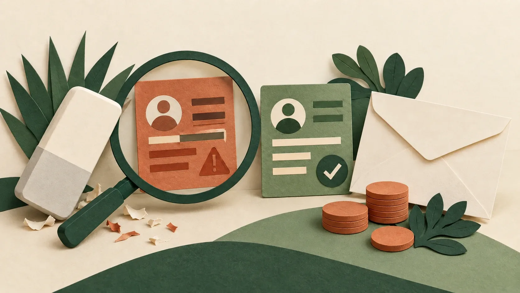 Lupa sobre una ficha discrepante, ficha de evidencia y sobre de reclamación.