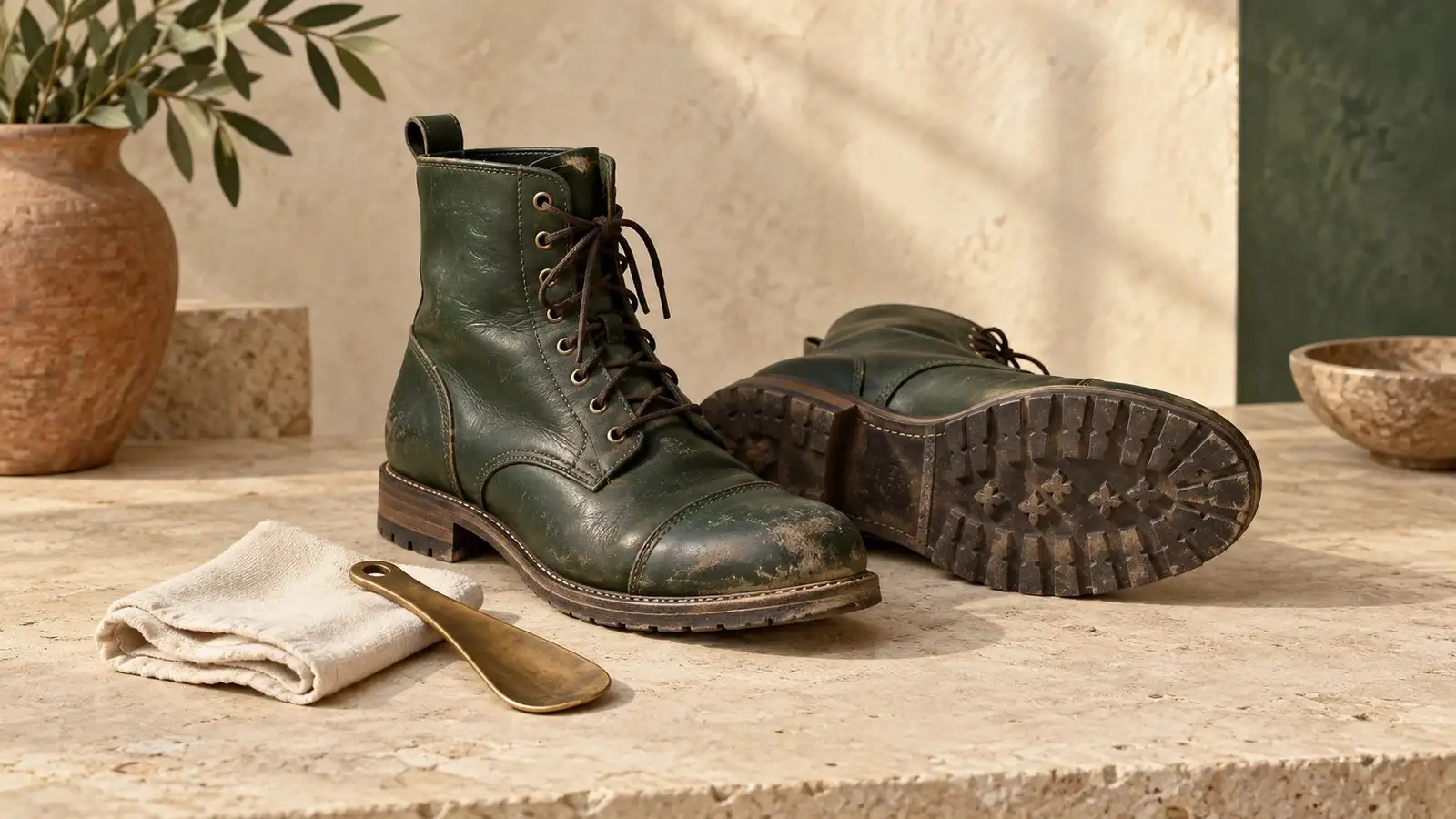 Dos botas verdes con señales de uso, un calzador de latón y un paño de mantenimiento sobre una superficie de piedra.