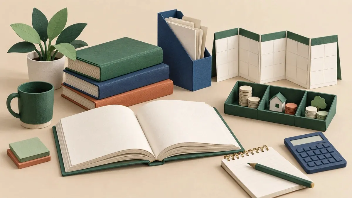 Libros de estudio, un expediente y un calendario junto a fichas separadas para organizar el presupuesto educativo.