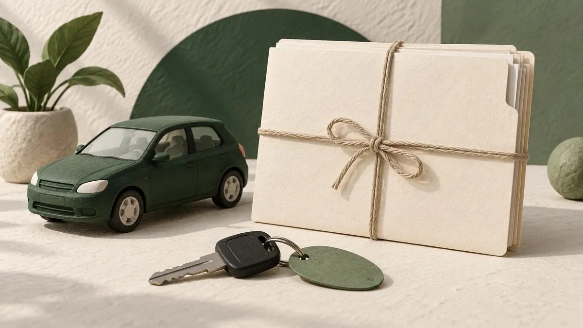 Auto verde junto a una carpeta clara atada con cordón y una llave con etiqueta sin texto.