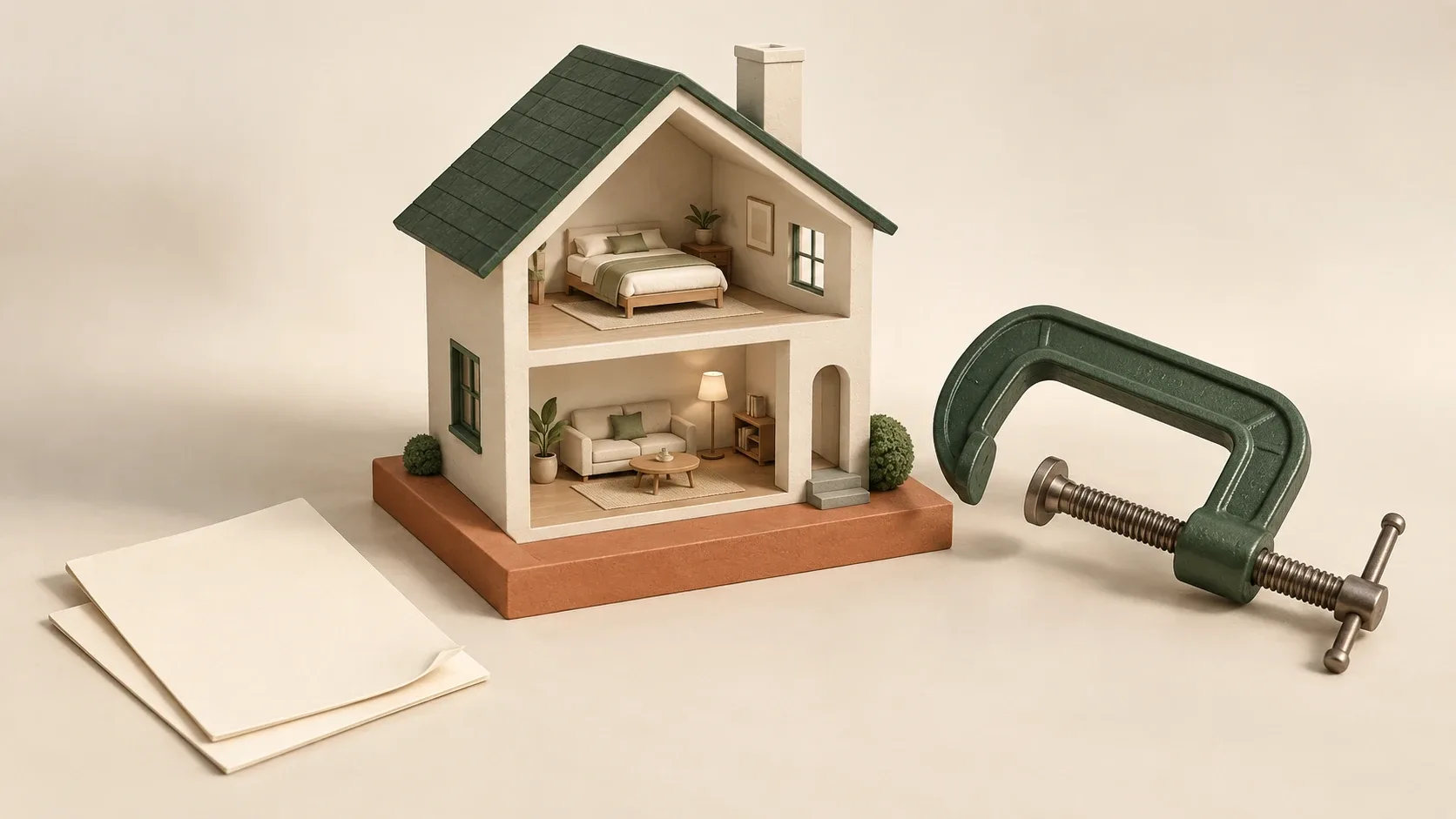 Maqueta de una casa abierta al frente junto a una prensa metálica verde sin apretar y hojas en blanco.