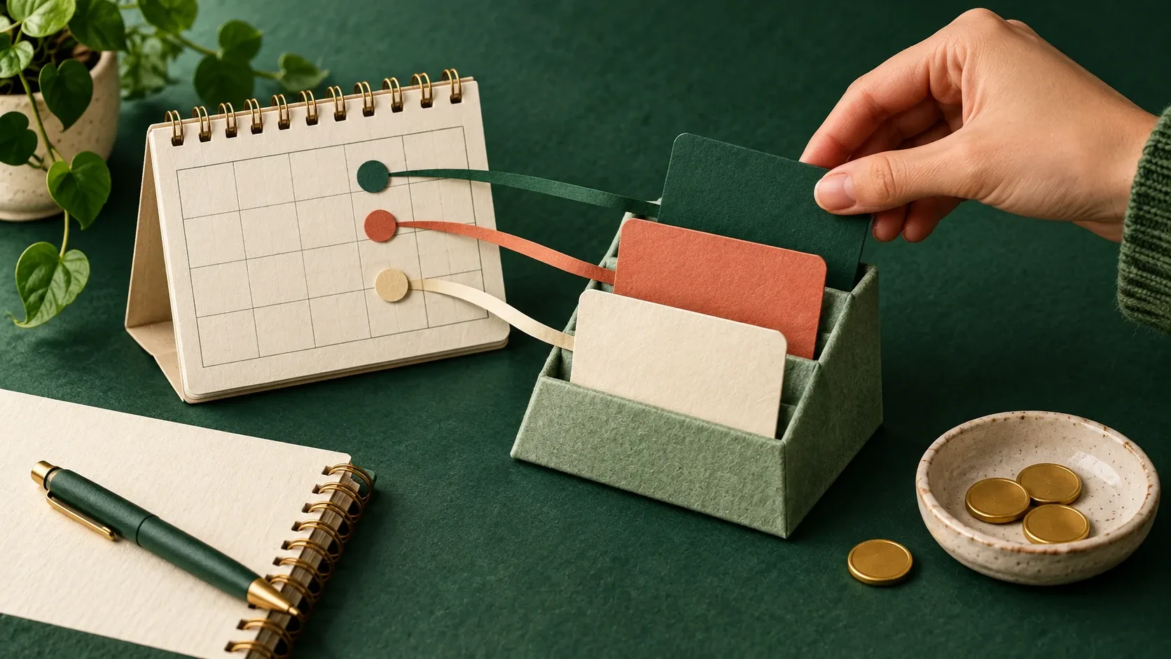 Una mano organiza varias tarjetas conectadas con fechas de un calendario.