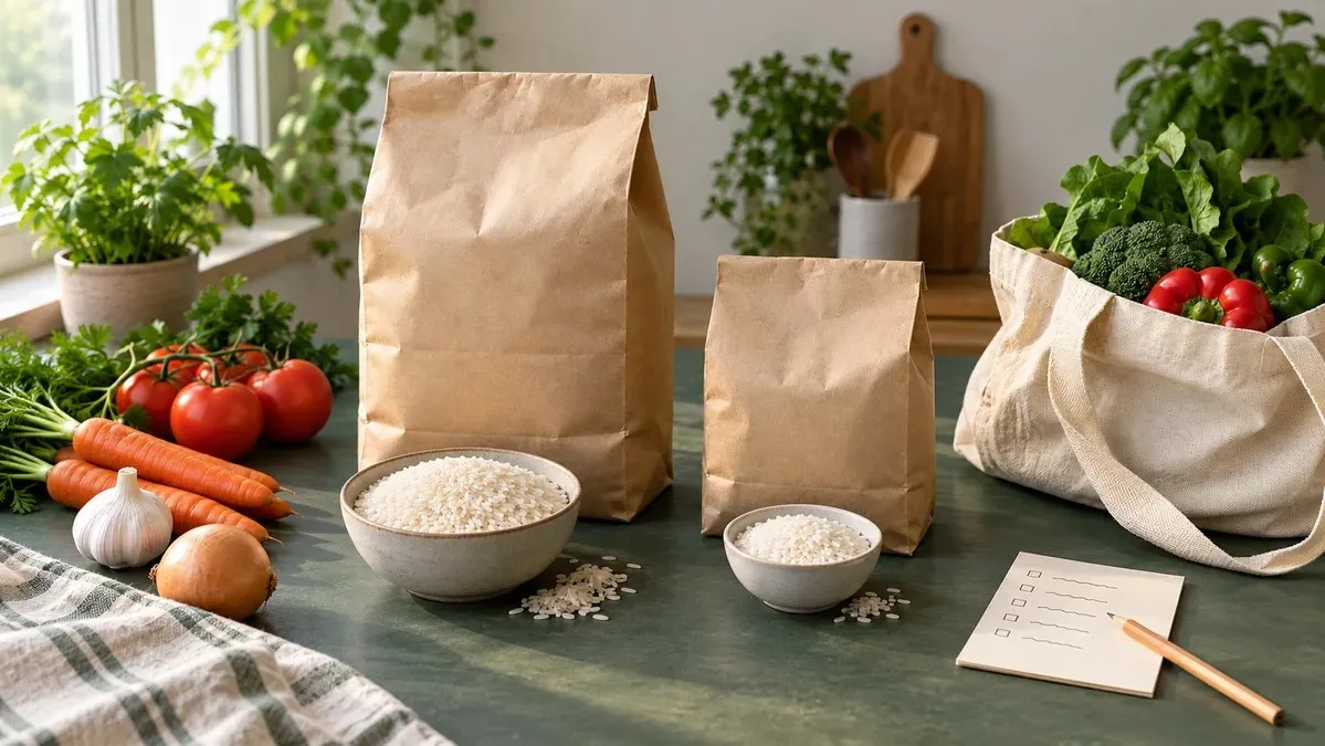 Dos bolsas de papel sin marca junto a tazones de arroz, verduras, una bolsa reutilizable y una lista de compras.