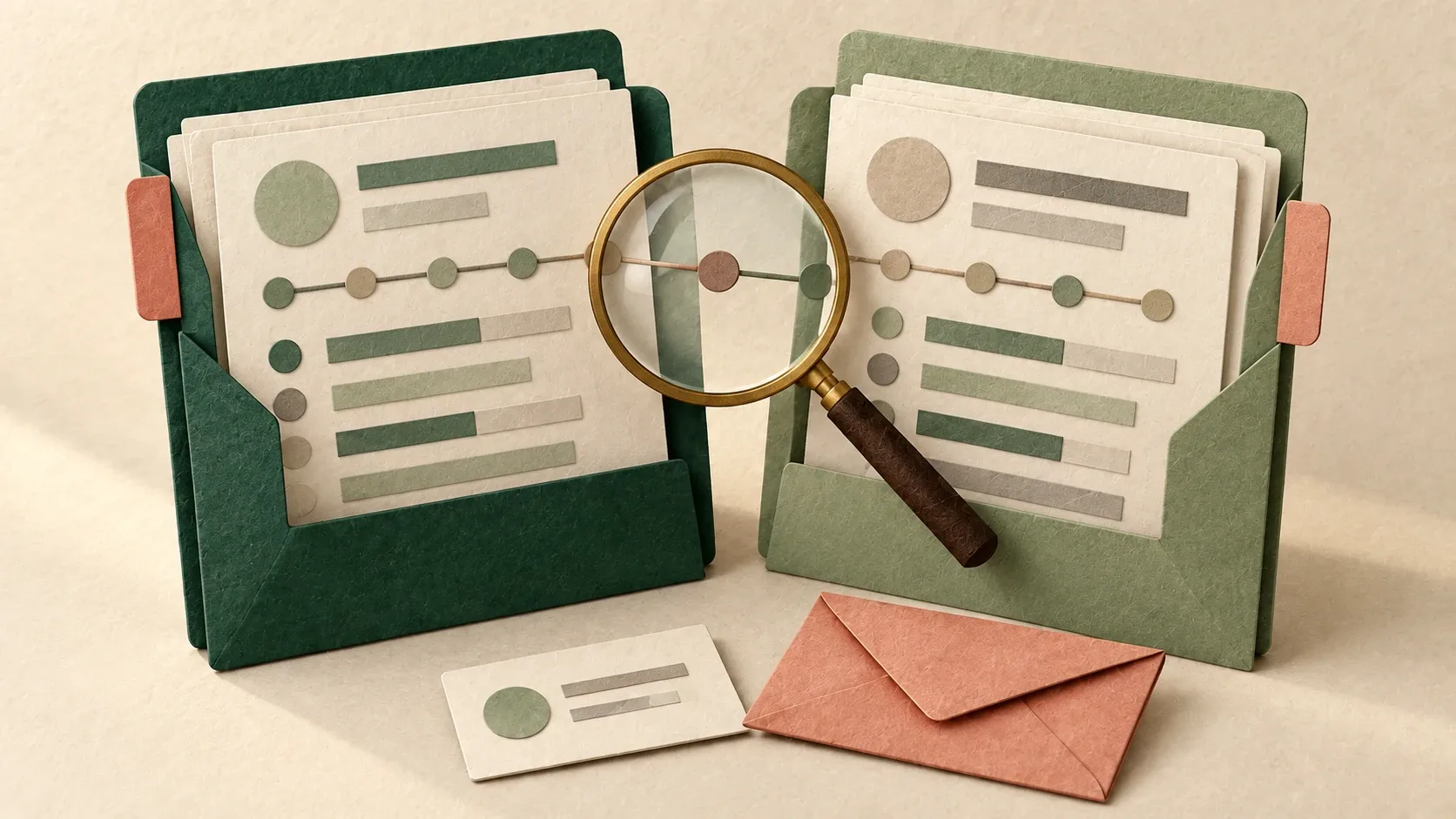 Una lupa cruza dos expedientes con registros de historial crediticio representados en papel.