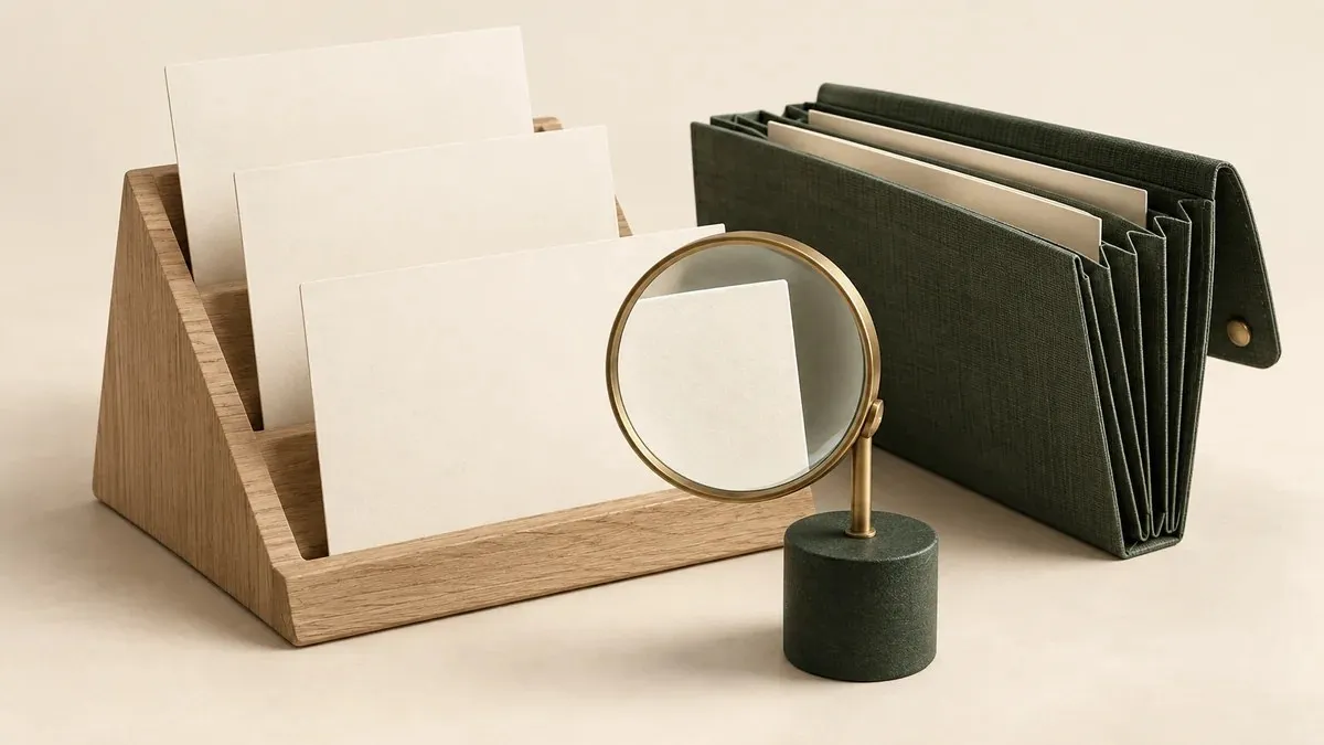 Tarjetas en blanco sobre un soporte de madera junto a una lupa y una carpeta verde de acordeón.