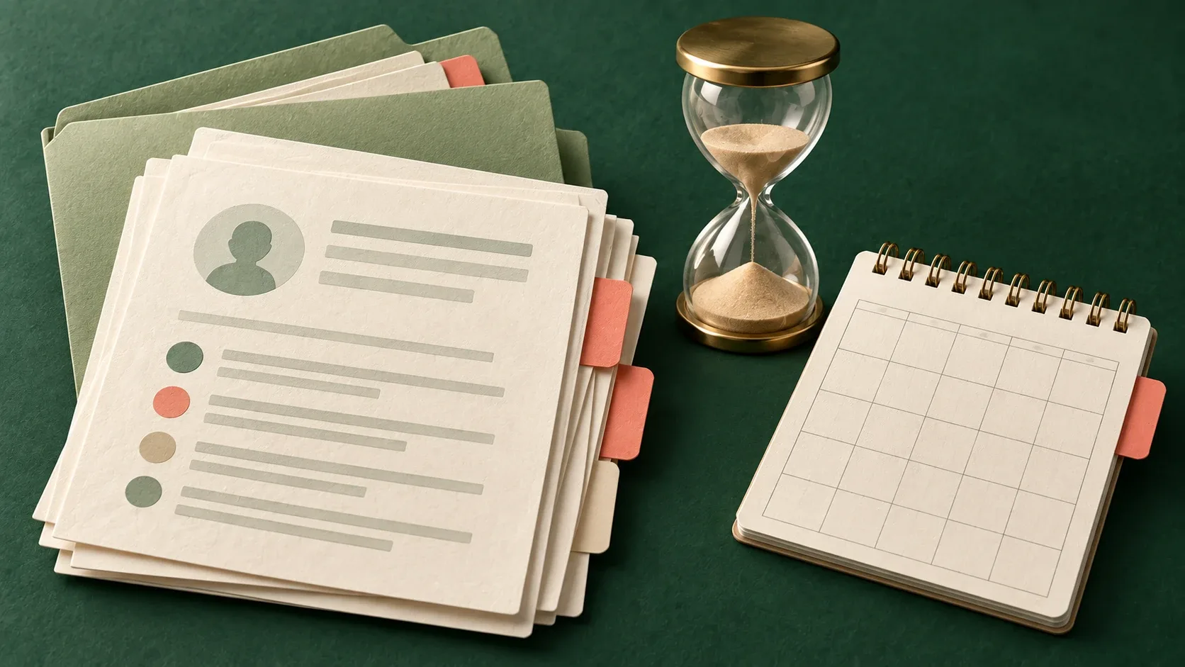 Reportes de papel y una carpeta junto a un reloj de arena y un calendario sin fechas.