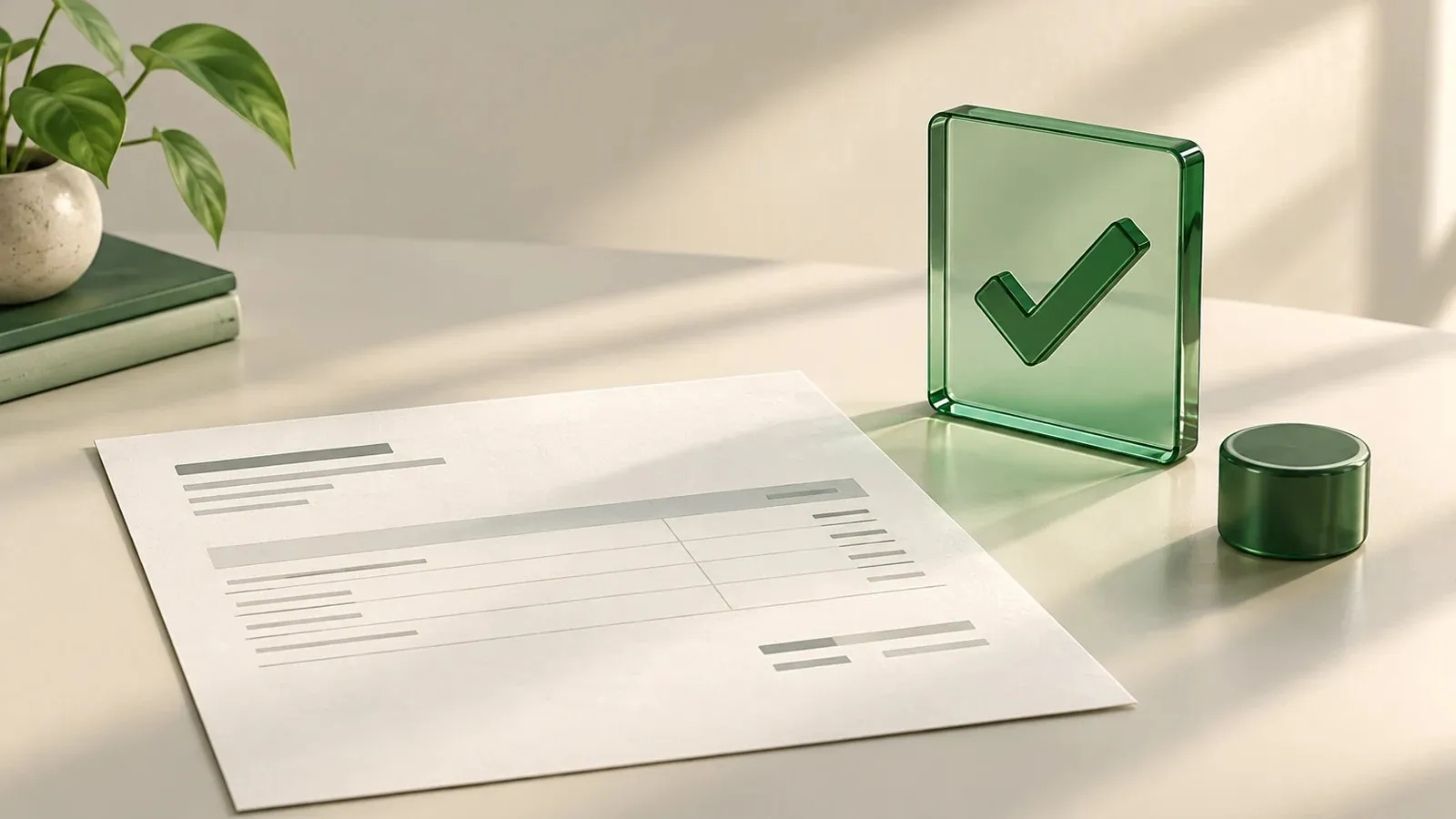 Hoja de factura junto a una placa verde de verificación y un sello sobre un escritorio claro.
