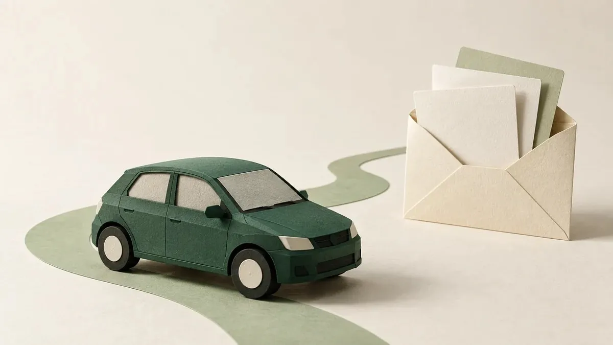 Auto de papel verde junto a un camino curvo y un sobre con documentos sin texto.