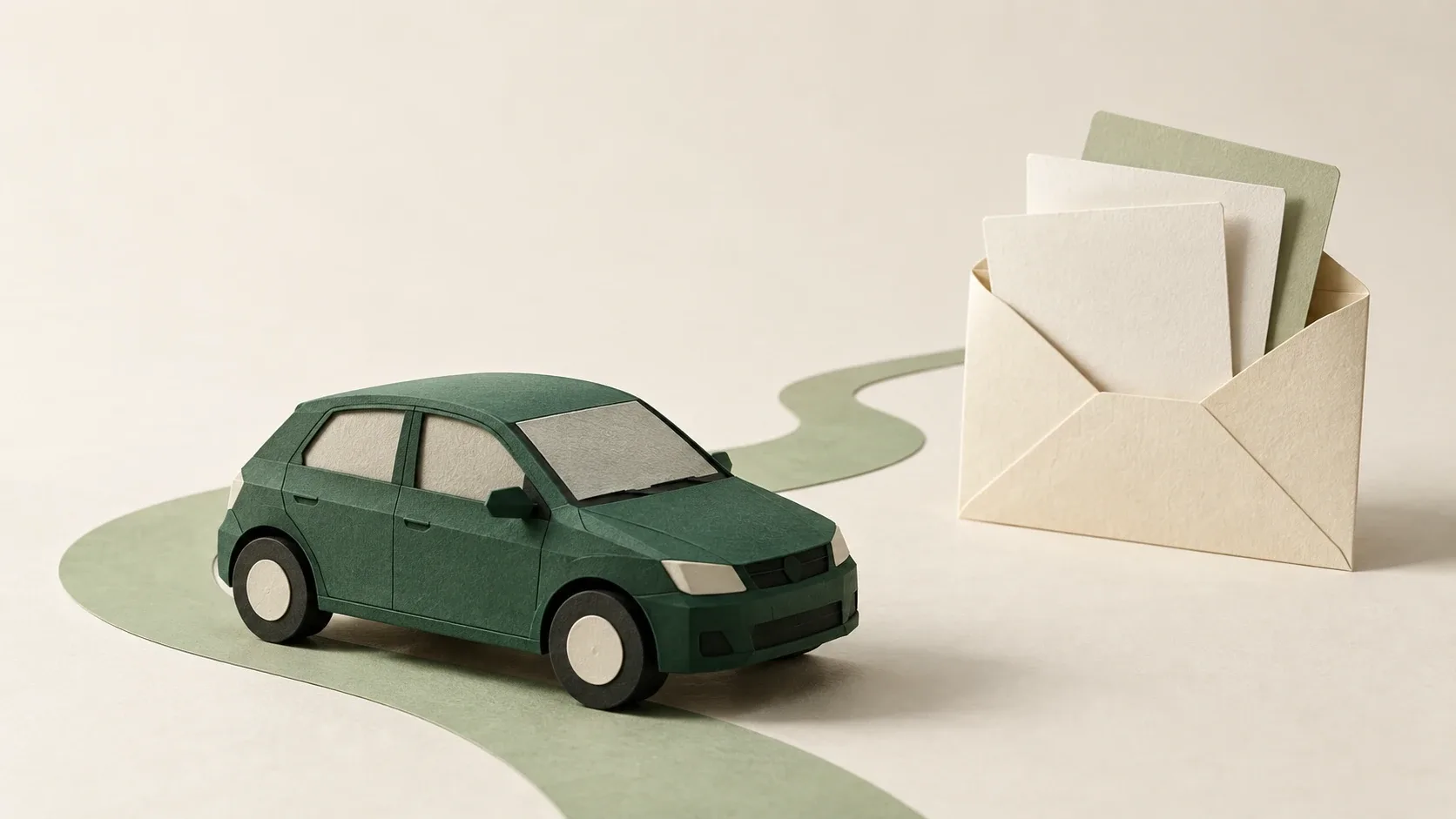 Auto de papel verde junto a un camino curvo y un sobre con documentos sin texto.