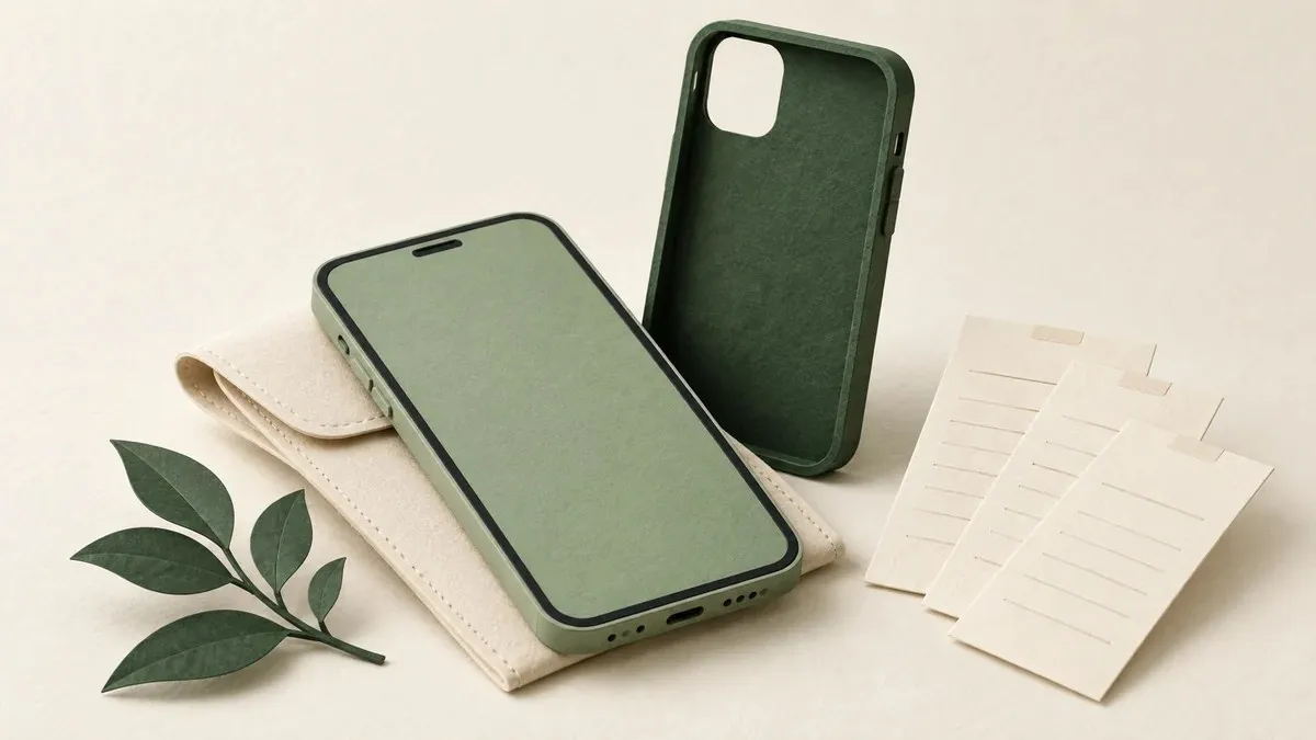Teléfono de papel verde sobre una funda clara, junto a una carcasa protectora y tres comprobantes sin texto.