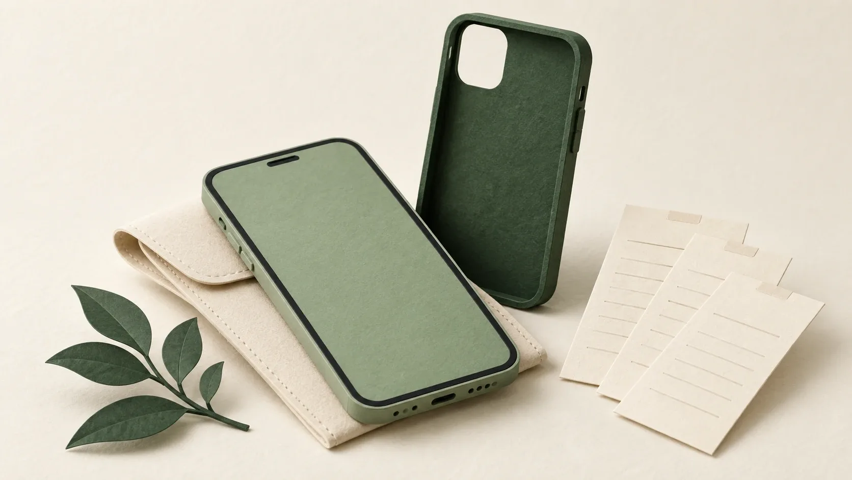 Teléfono de papel verde sobre una funda clara, junto a una carcasa protectora y tres comprobantes sin texto.