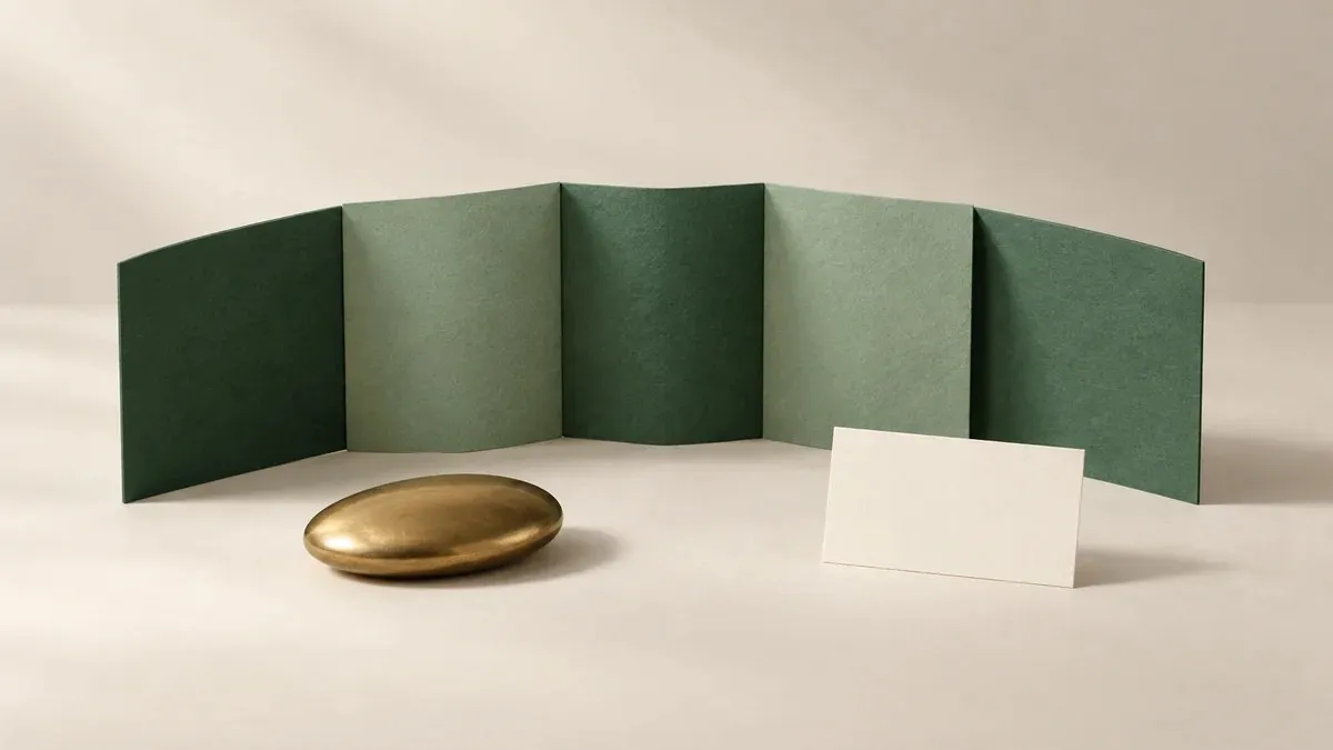Papel verde doblado en cinco paneles en semicírculo, con un óvalo dorado y una tarjeta de papel blanco sin texto.