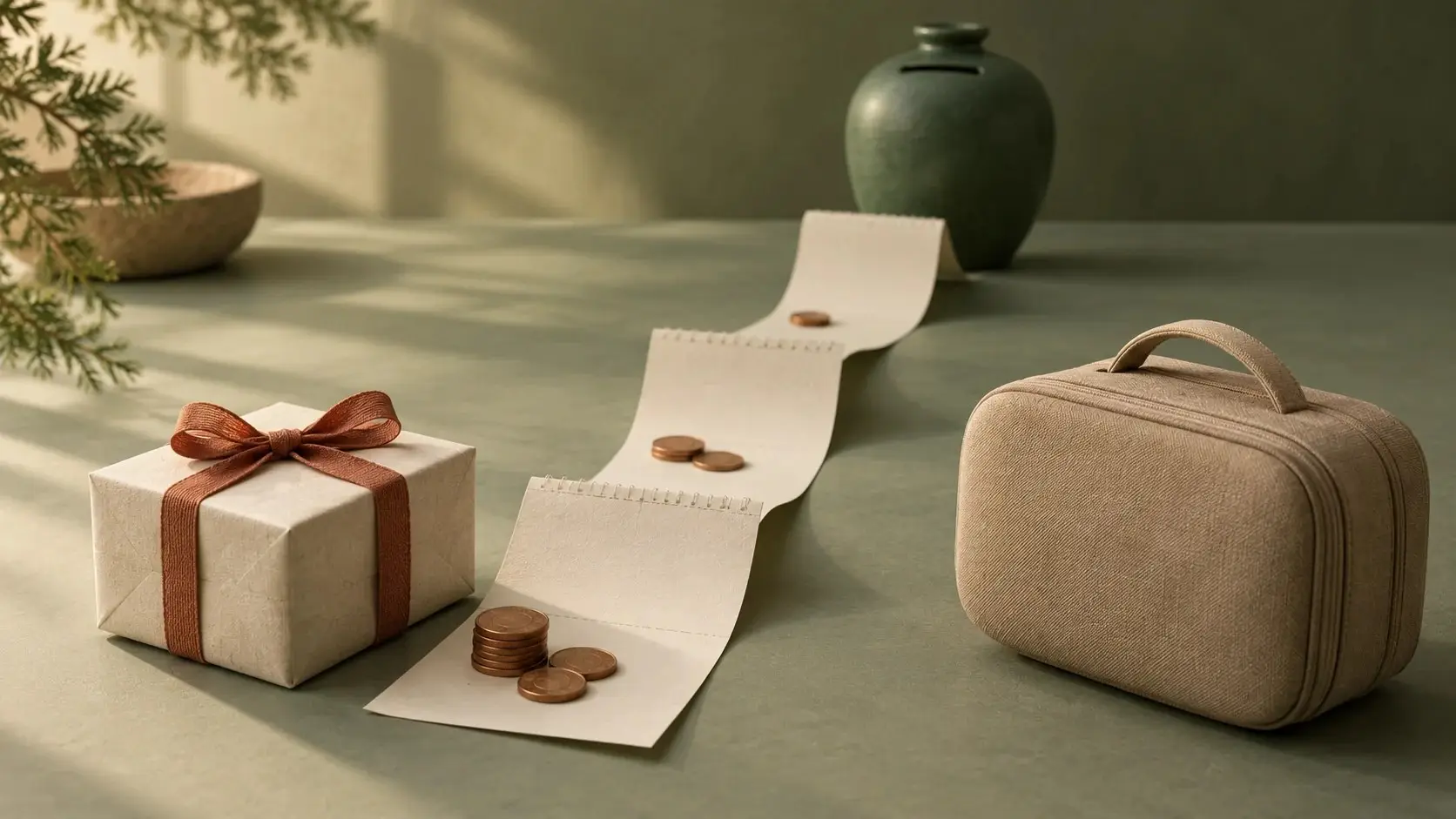 Paquete con un lazo, pequeña maleta y un calendario de papel curvo junto a monedas y un recipiente de ahorro verde.