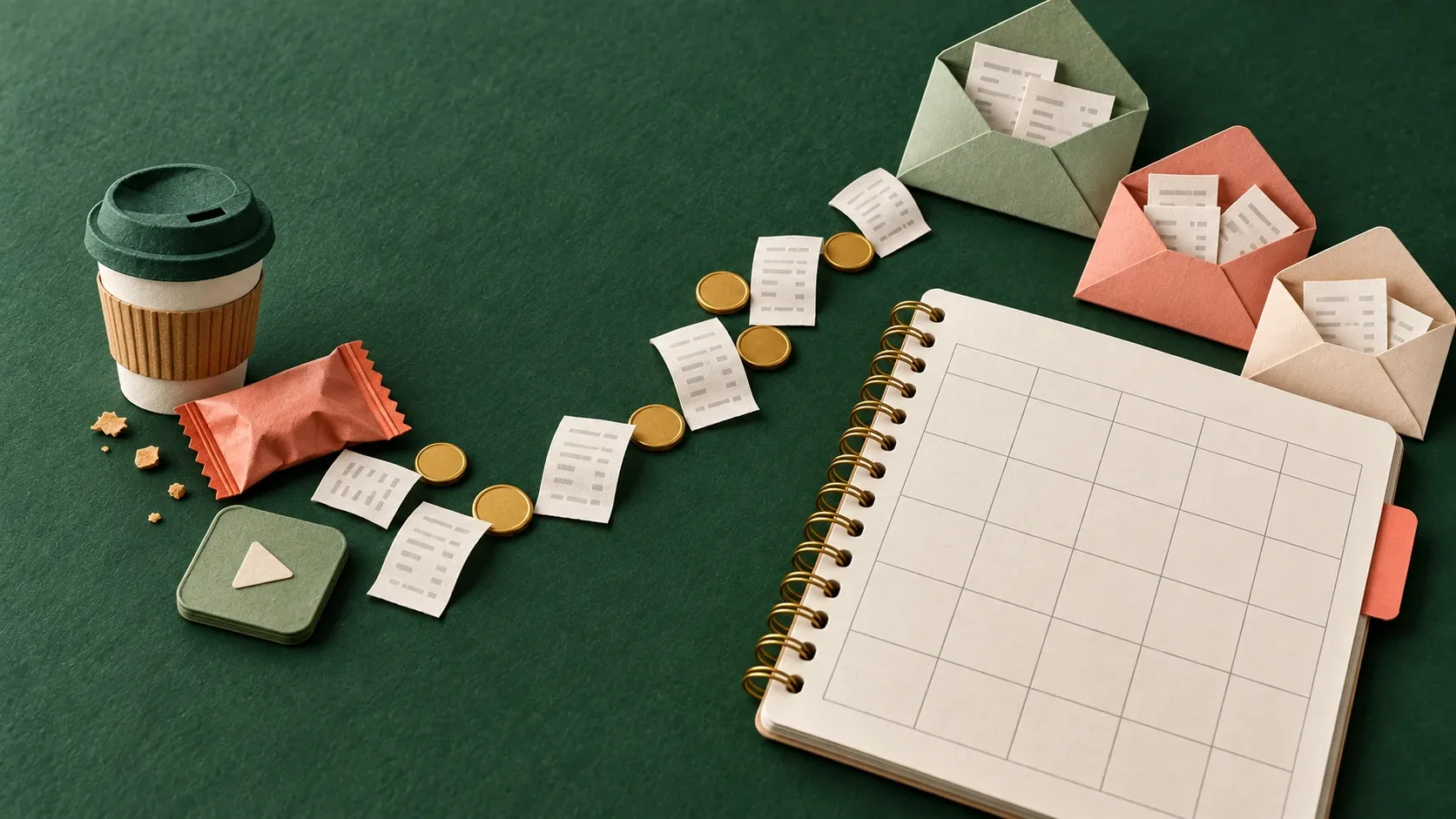 Pequeños recibos y monedas conectan un café, una botana y una suscripción con un cuaderno de presupuesto.
