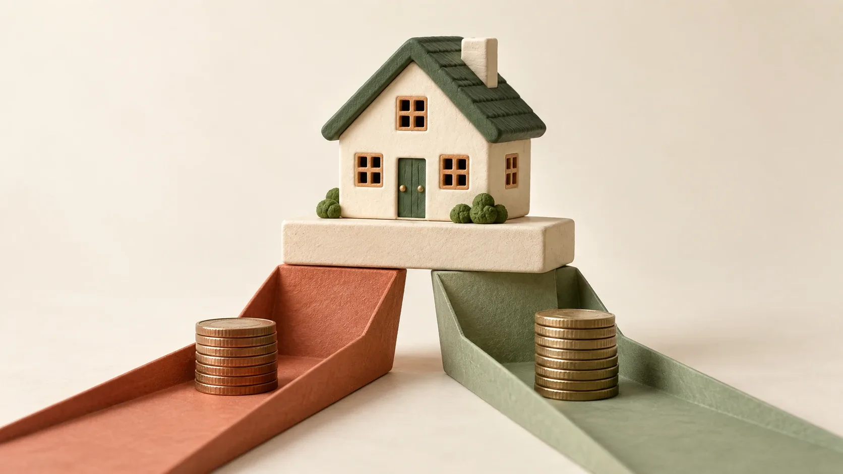 Una casa sobre una base compartida recibe dos caminos de papel de colores distintos, cada uno con una pila de monedas.
