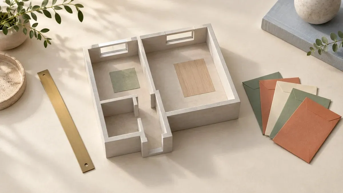 Maqueta de una vivienda vista desde arriba, junto a una regla de latón y cinco sobres de colores para separar gastos.