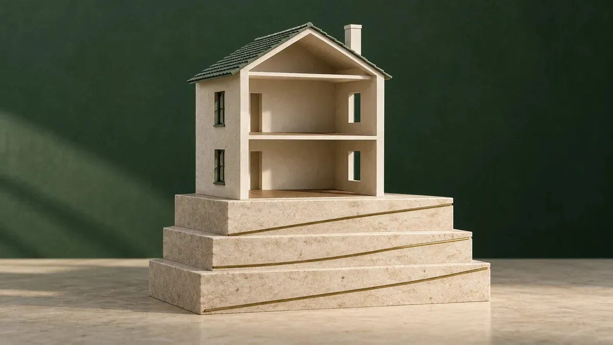 Maqueta de una casa abierta sobre tres niveles de piedra con líneas de latón.