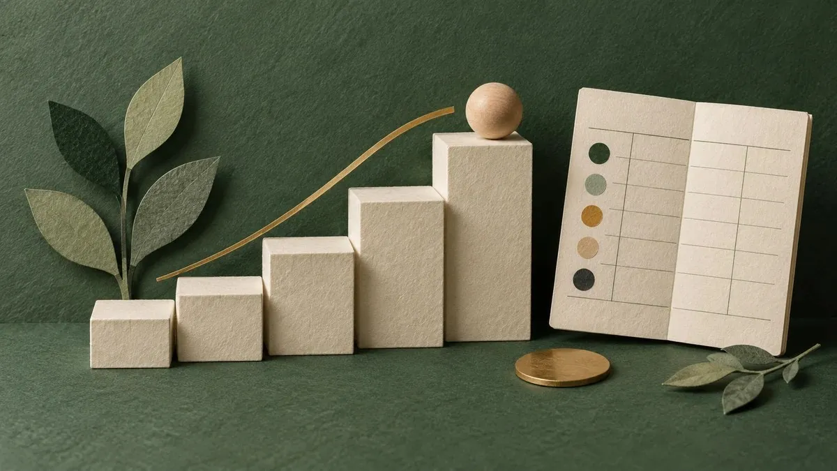 Bloques de papel de distintas alturas junto a una hoja con marcadores abstractos.
