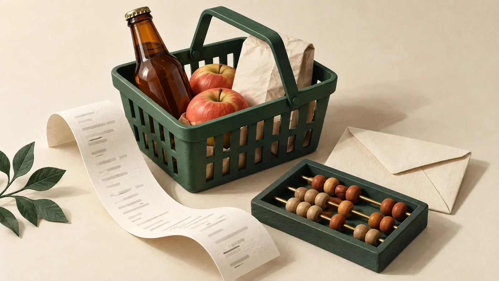 Canasta de compras con botella sin marca, manzanas y paquete de papel, junto a un recibo y una bandeja para contar.