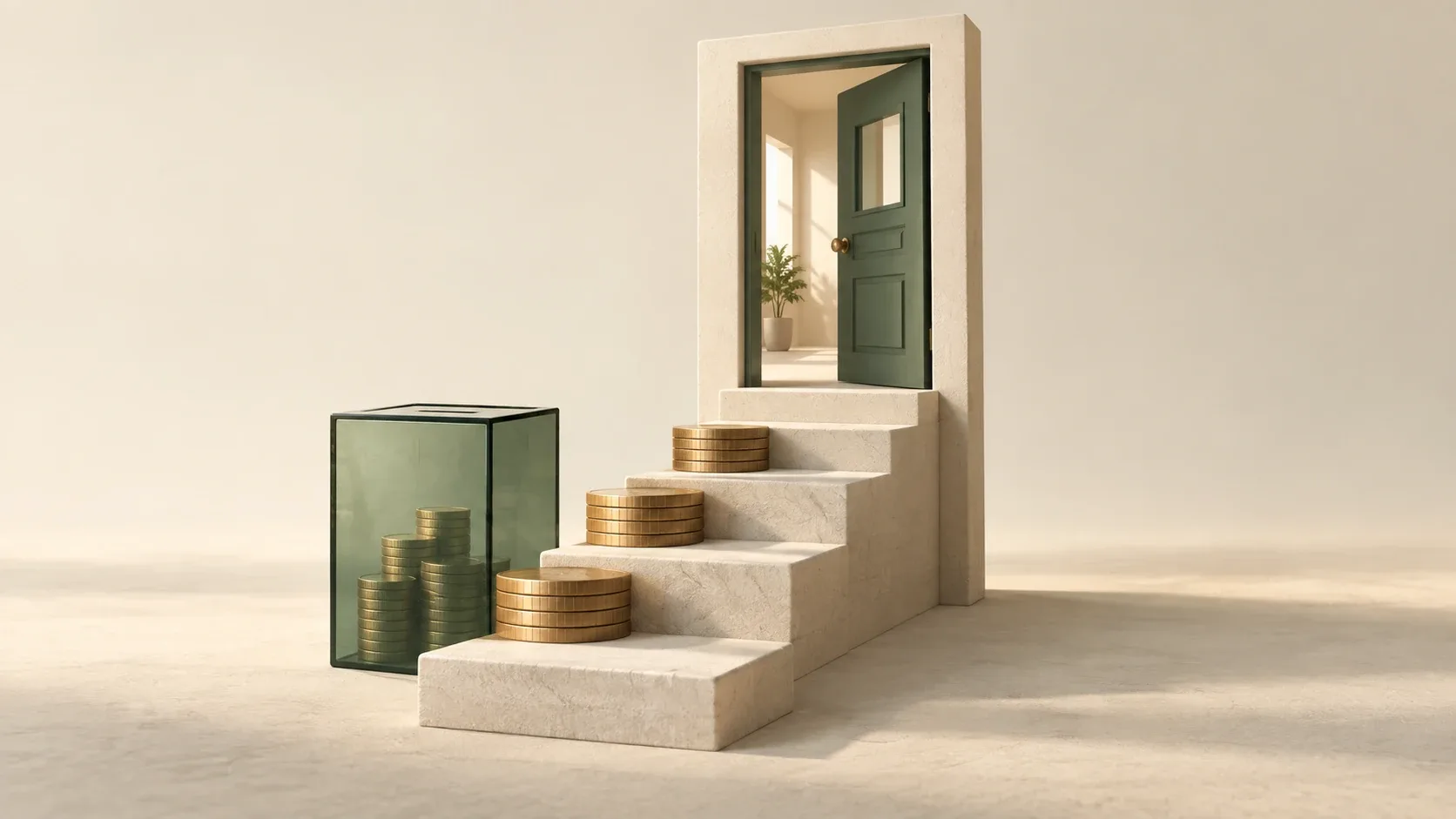 Escalera de piedra con monedas que conduce a una puerta verde abierta, junto a un recipiente de ahorro.