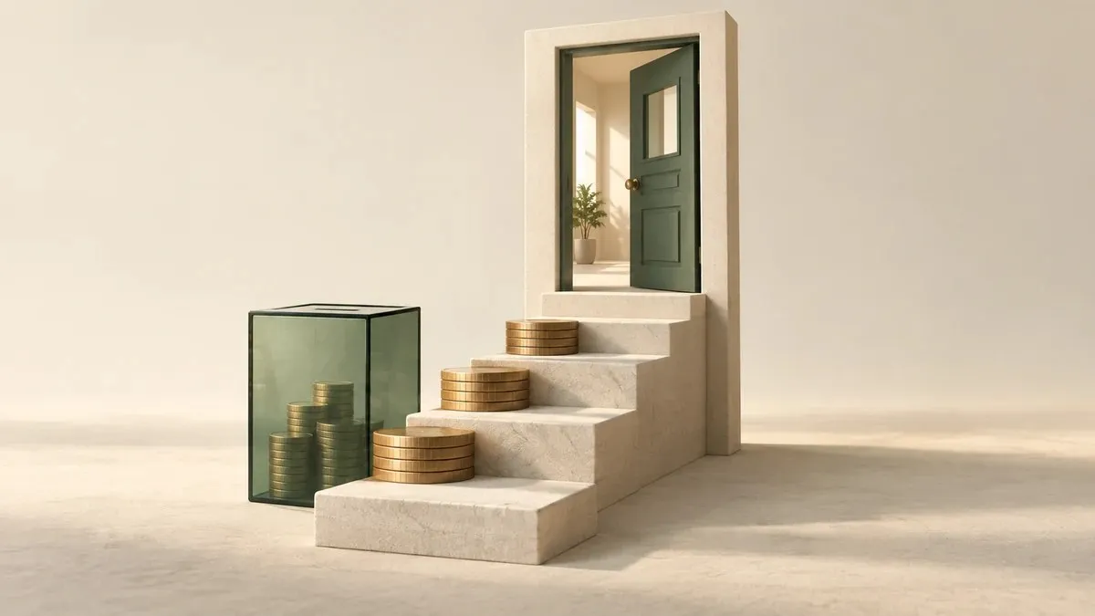 Escalera de piedra con monedas que conduce a una puerta verde abierta, junto a un recipiente de ahorro.