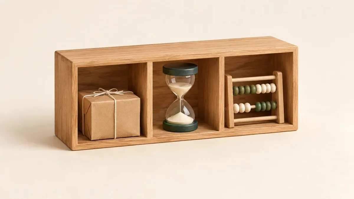 Mueble de madera con un paquete, un reloj de arena y un ábaco de cuentas verdes y claras.