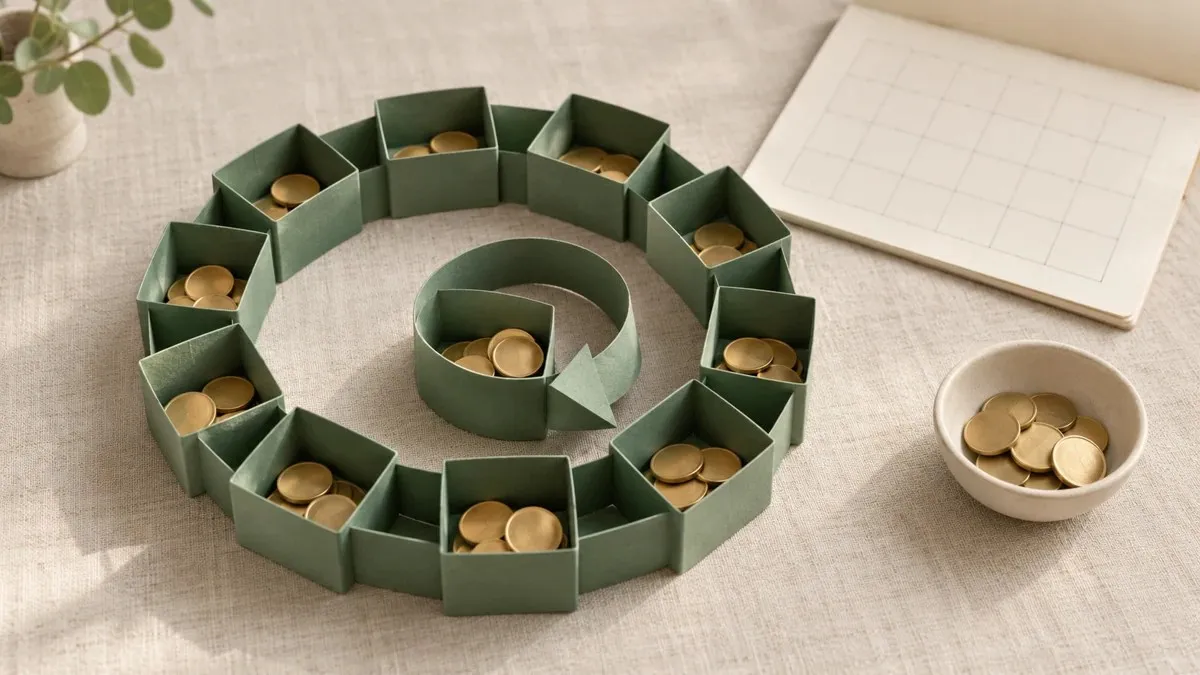 Compartimentos de papel verde con monedas alrededor de un círculo, junto a un recipiente y un calendario sin texto.