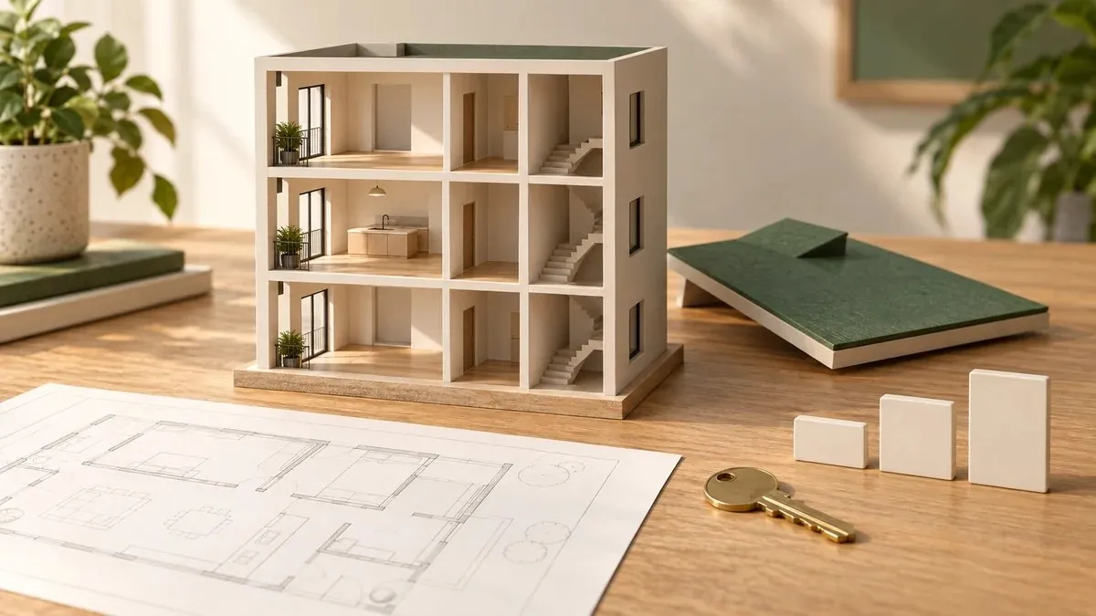 Maqueta abierta de un edificio de tres niveles, plano arquitectónico y llave sobre una mesa de madera.