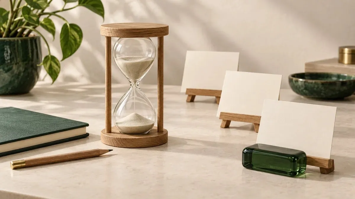 Reloj de arena con soporte de madera, tarjetas en blanco sobre caballetes y un cuaderno verde.