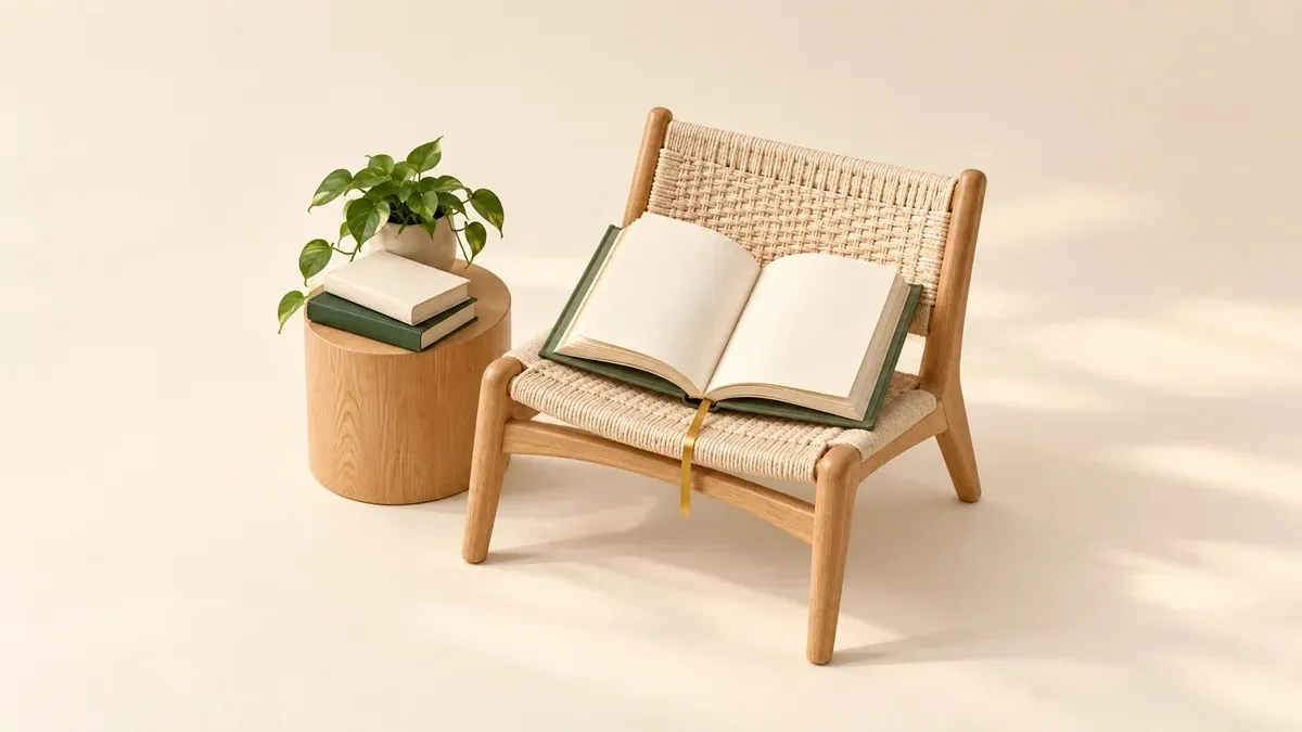 Libro abierto sin texto sobre una silla de madera, junto a dos libros cerrados y una planta.