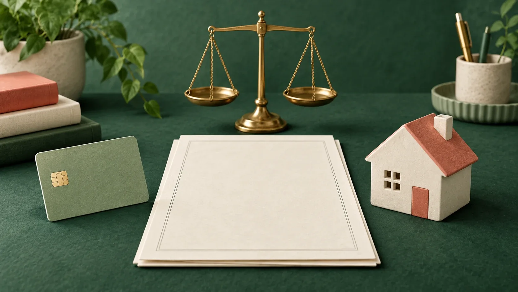 Una balanza de justicia detrás de un documento, con una tarjeta y una casa a cada lado.