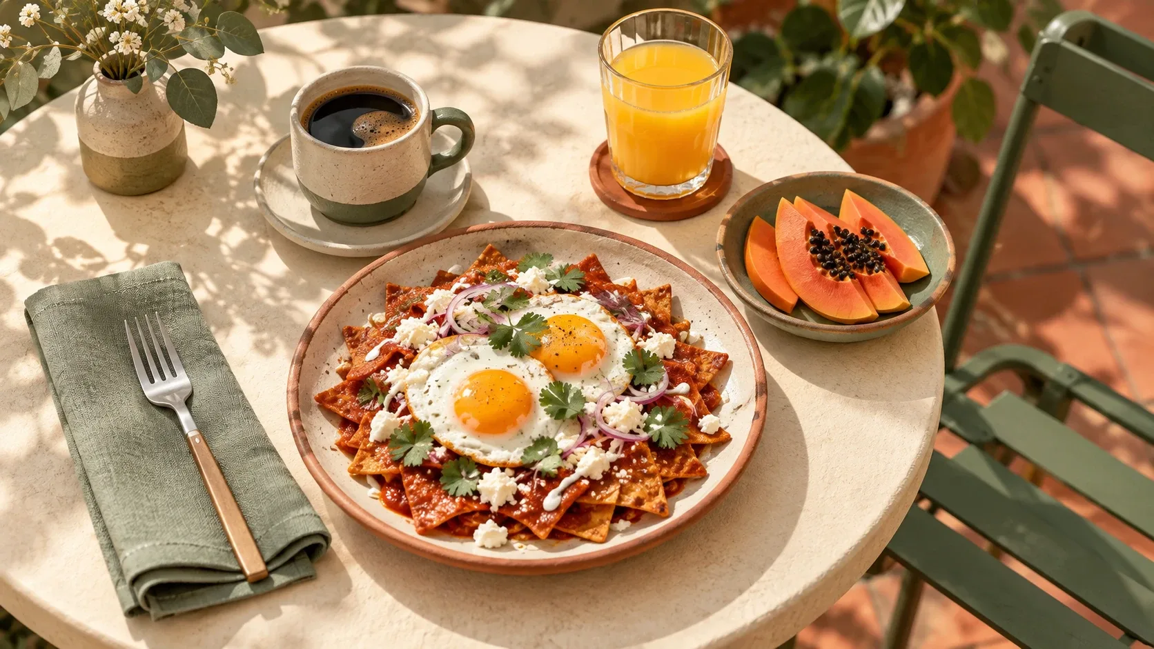Chilaquiles con huevo, café, papaya y jugo de naranja en una mesa iluminada por el sol.