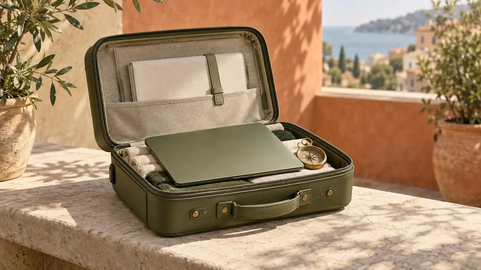 Una maleta verde abierta contiene una computadora cerrada, un portafolio claro y una brújula de latón sobre un banco de piedra.