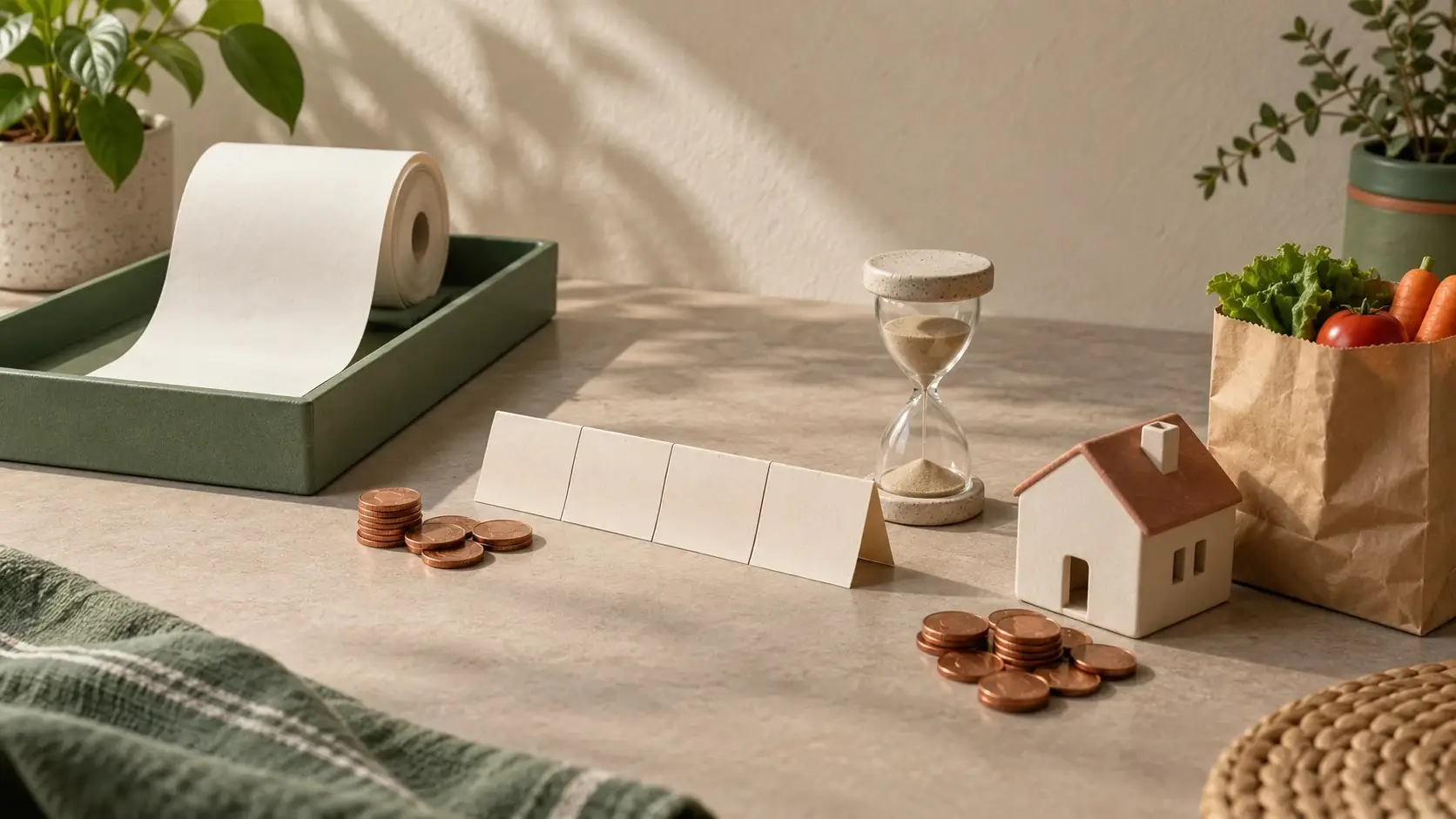 Rollo de papel en una bandeja verde, calendario doblado, reloj de arena y dos grupos de monedas junto a una casa y una bolsa de compras de cerámica.