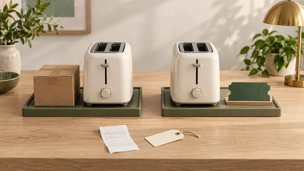 Dos tostadores sin marca sobre bandejas, uno junto a una caja de envío y otro junto a un cupón verde sin texto.