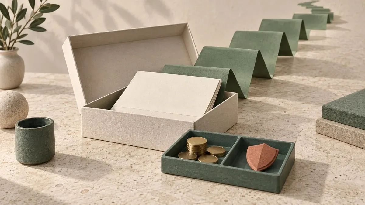 Una caja abierta guarda un contrato y una tira de papel verde plegada; una bandeja separa monedas de un pequeño escudo de terracota.