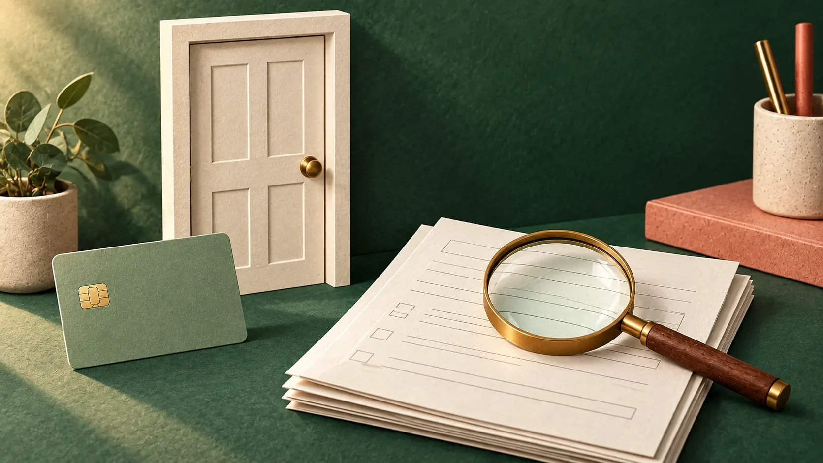 Una puerta cerrada y una tarjeta junto a documentos examinados con una lupa.