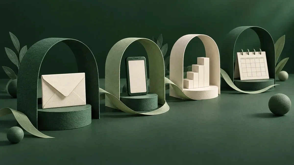 Cuatro arcos de papel con un sobre, un teléfono sin texto, bloques escalonados y un calendario vacío.