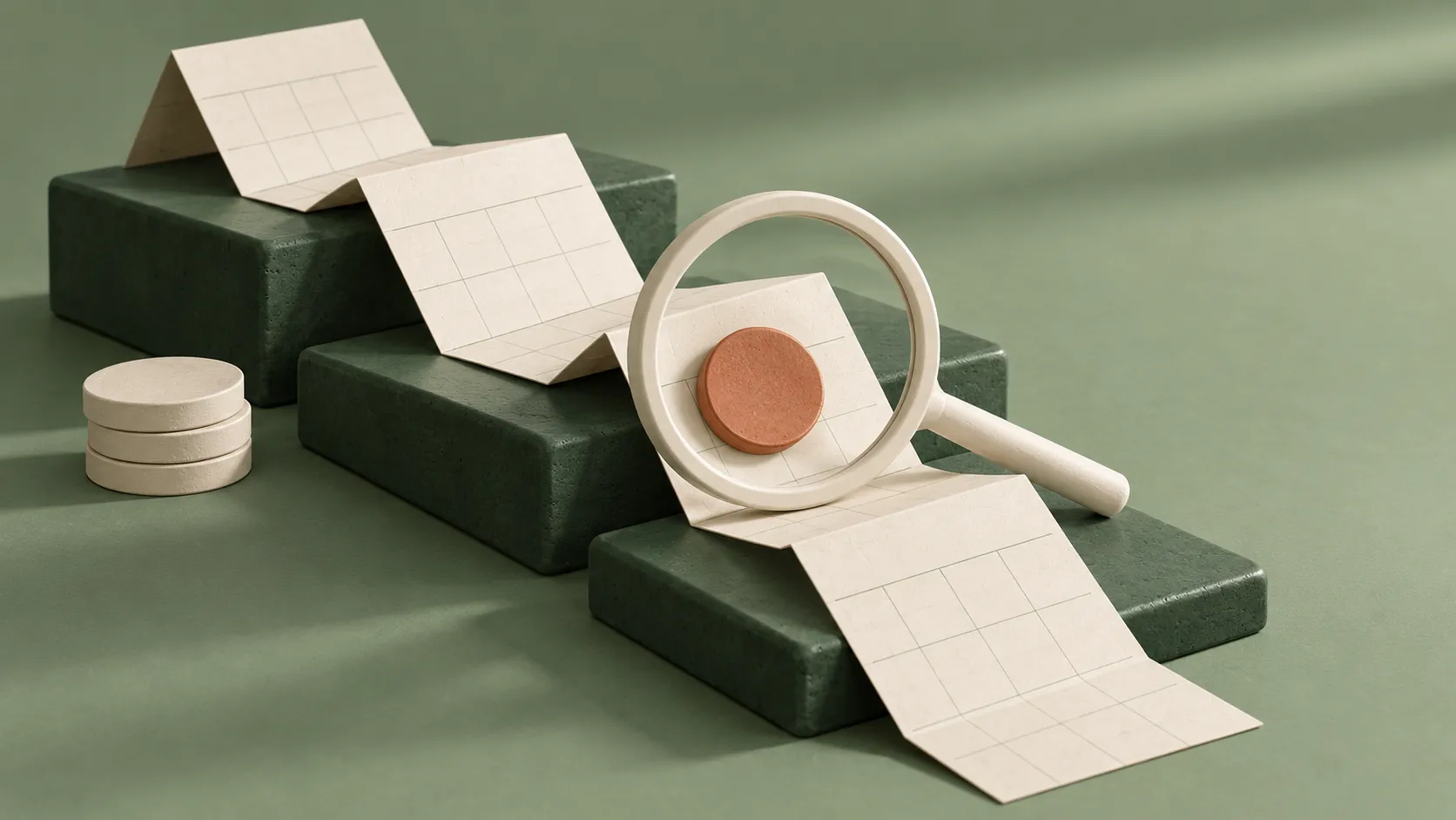 Calendario de papel plegado sobre escalones verdes, con una lupa y monedas sin marcas.