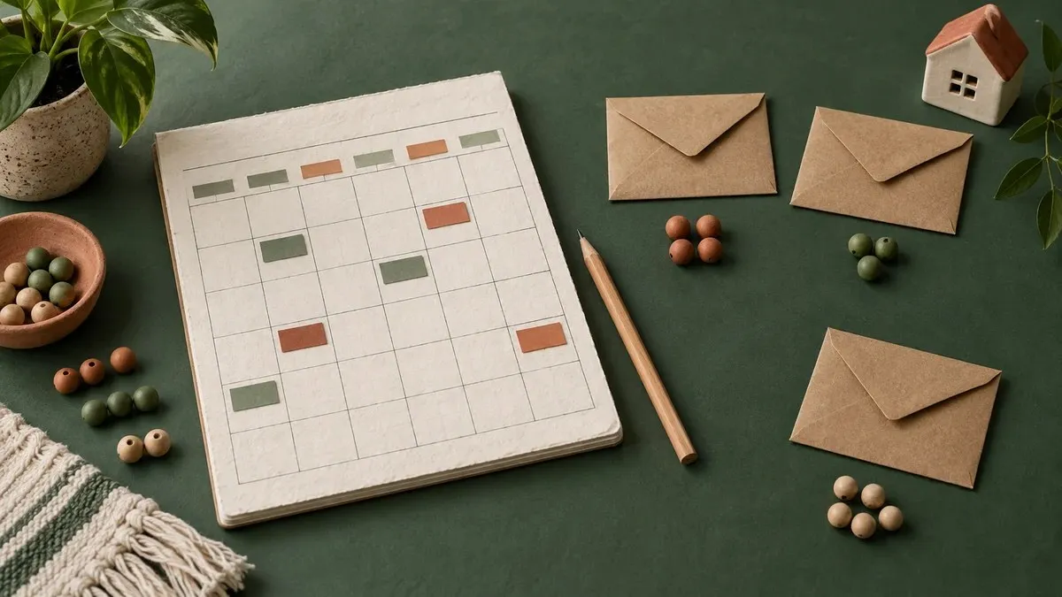 Calendario de papel con marcadores, sobres y pequeñas cuentas de madera sobre una superficie verde.