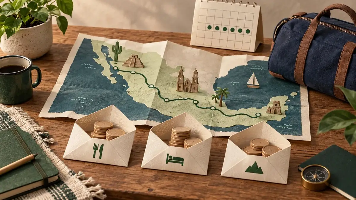 Mapa de papel con una ruta estilizada, tres sobres con monedas, un calendario y una bolsa de viaje azul.