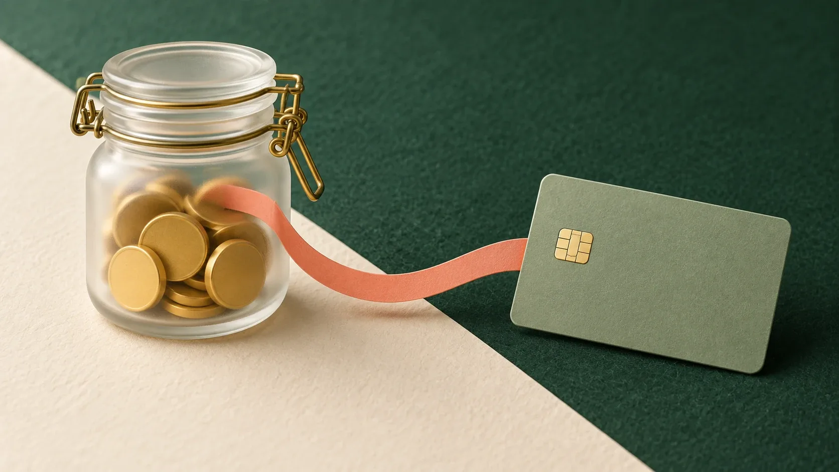 Un frasco cerrado con monedas se conecta mediante una cinta a una tarjeta sin marca.