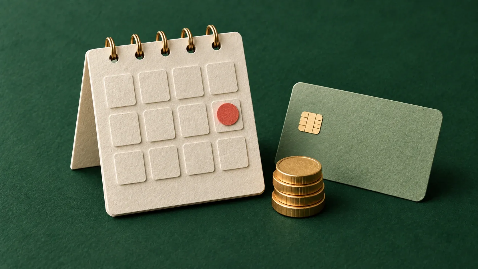 Un calendario con doce casillas acompaña una tarjeta y monedas para representar su costo anual.